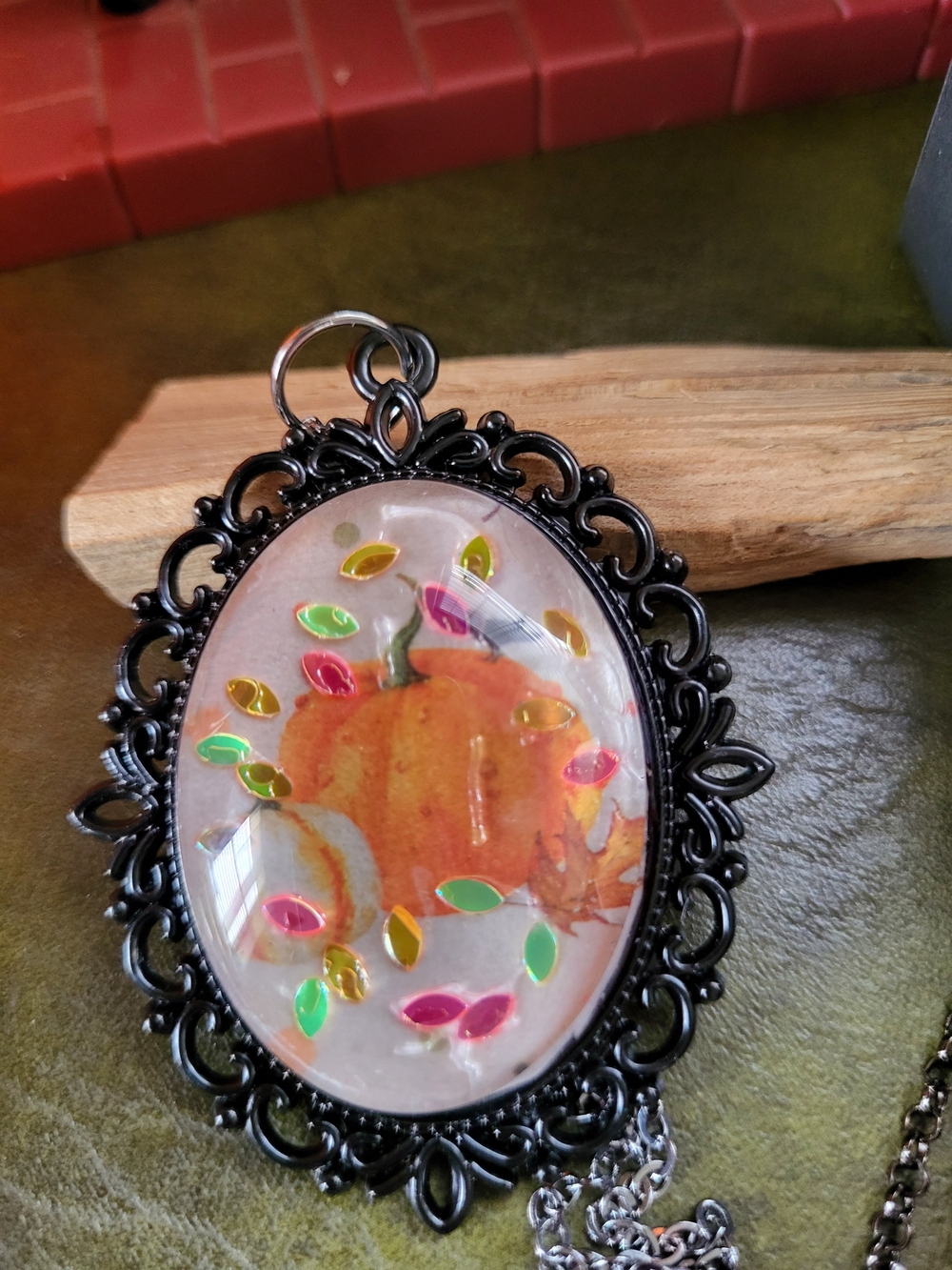 Black Filigree Pumpkin Pendant Necklace - Orange Autumn Charm